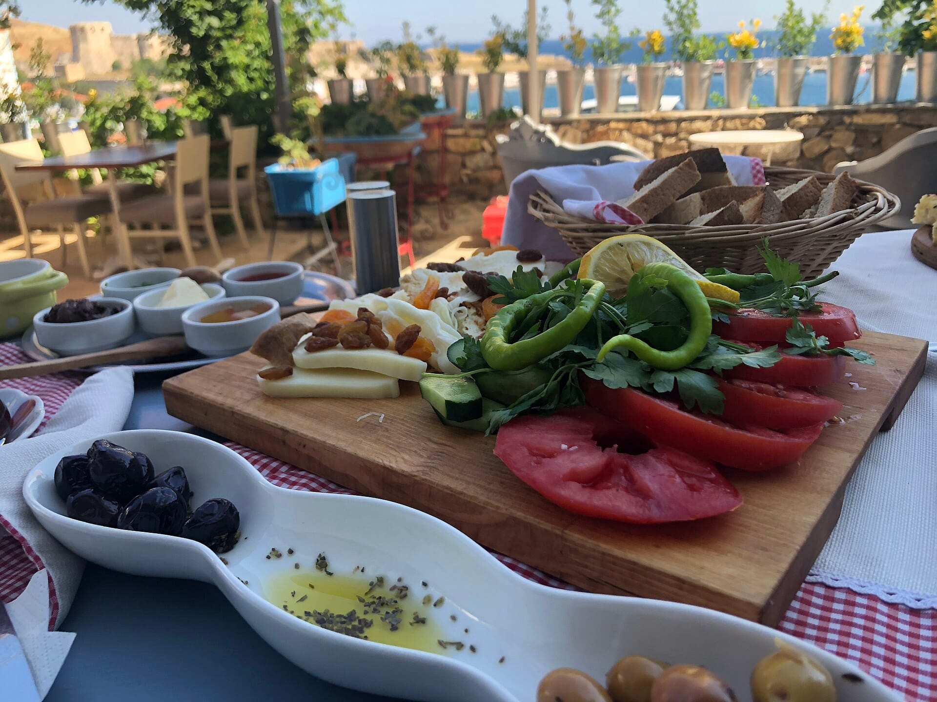 Fresh tomatoes, cucumbers, peppers and olive oil laid out for a Turkish breakfast in a garden
